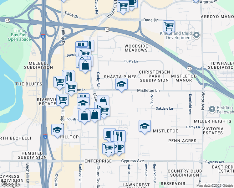 map of restaurants, bars, coffee shops, grocery stores, and more near 1155 Mistletoe Lane in Redding
