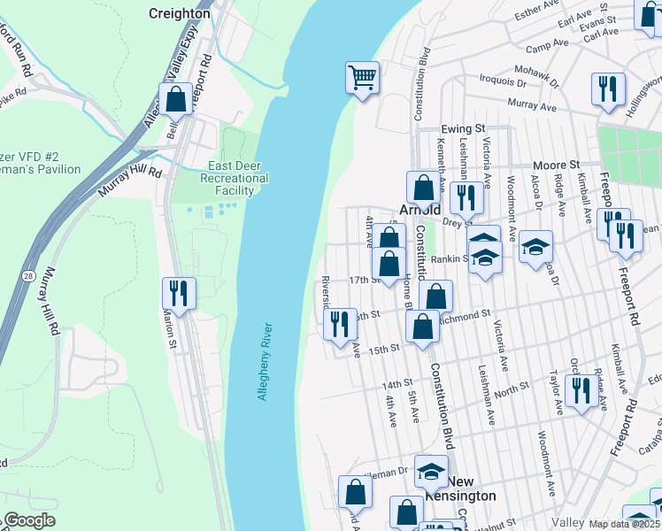 map of restaurants, bars, coffee shops, grocery stores, and more near 1716 Riverside Drive in Arnold