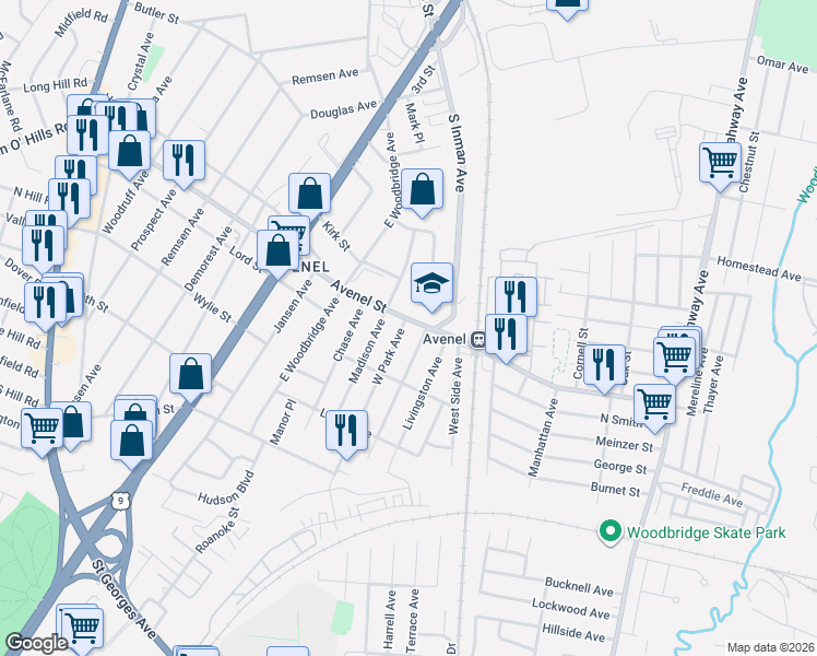 map of restaurants, bars, coffee shops, grocery stores, and more near 239 Avenel Street in Woodbridge Township