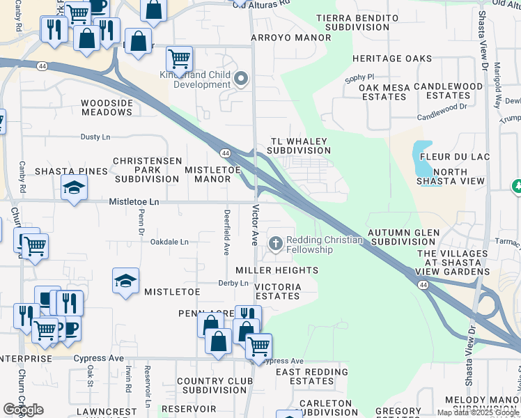 map of restaurants, bars, coffee shops, grocery stores, and more near 2021 Victor Avenue in Redding