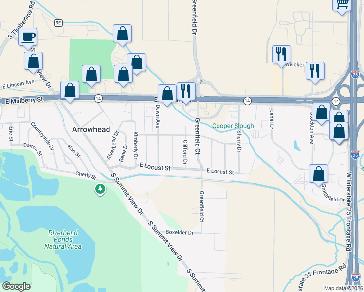 map of restaurants, bars, coffee shops, grocery stores, and more near 709 Clifford Drive in Fort Collins