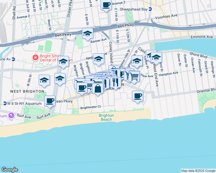 map of restaurants, bars, coffee shops, grocery stores, and more near 703 Brighton Beach Avenue in Brooklyn