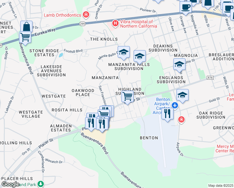 map of restaurants, bars, coffee shops, grocery stores, and more near 1555 Oak Street in Redding