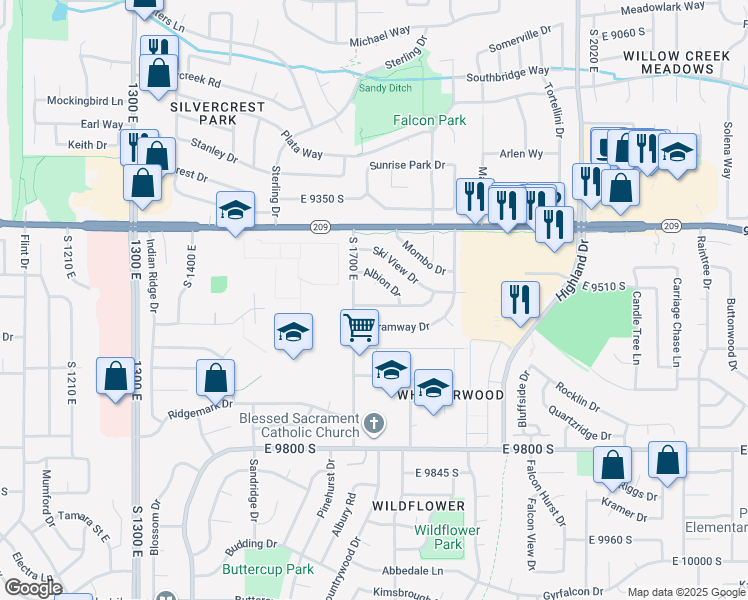 map of restaurants, bars, coffee shops, grocery stores, and more near 1719 Sugarloaf Drive in Sandy