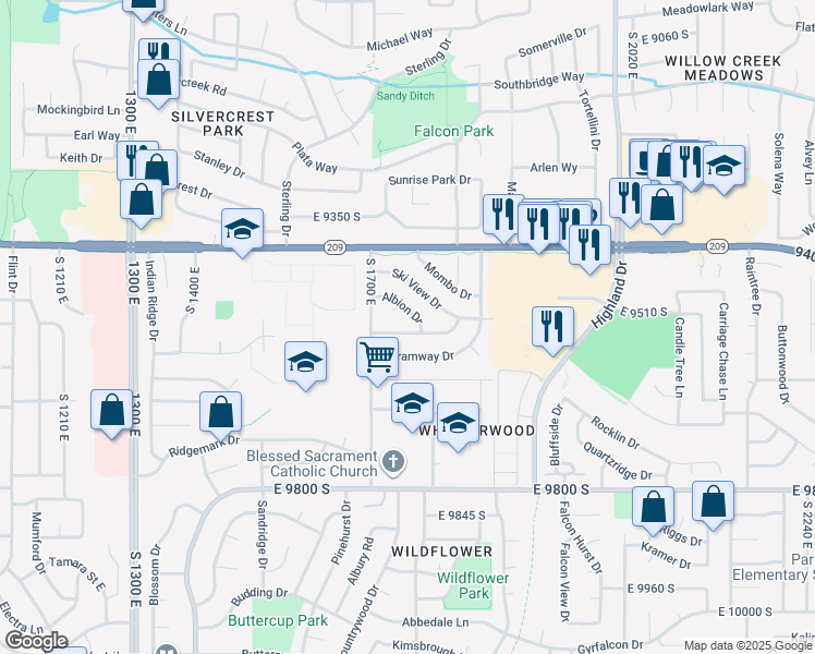 map of restaurants, bars, coffee shops, grocery stores, and more near 1719 Sugarloaf Drive in Sandy