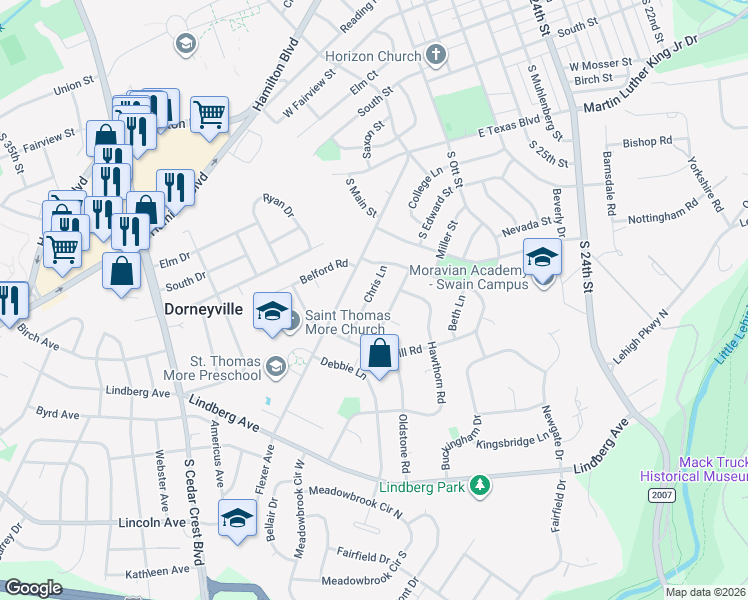 map of restaurants, bars, coffee shops, grocery stores, and more near 945 Chris Lane in Allentown