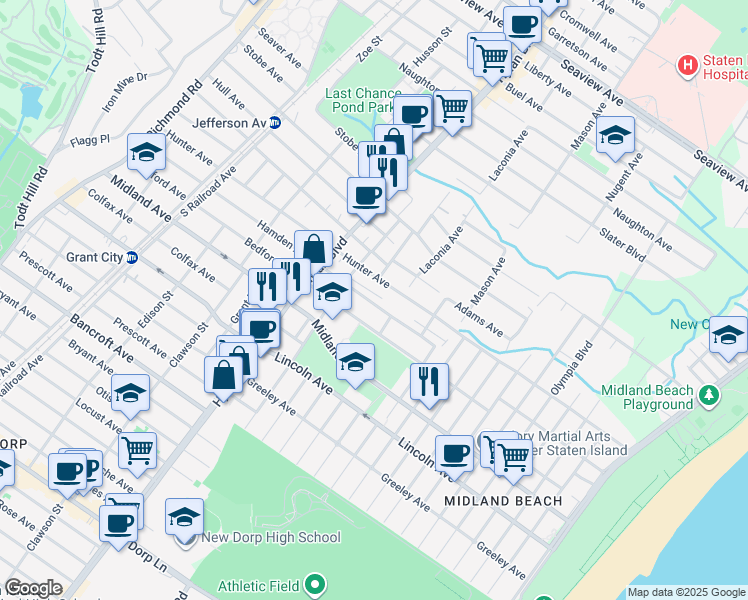 map of restaurants, bars, coffee shops, grocery stores, and more near 355 Hamden Avenue in Staten Island