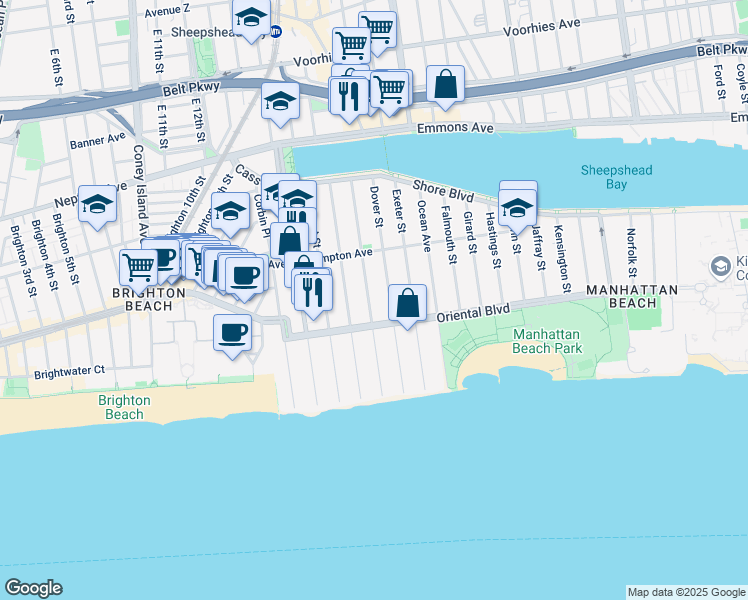 map of restaurants, bars, coffee shops, grocery stores, and more near 165 Coleridge Street in Brooklyn