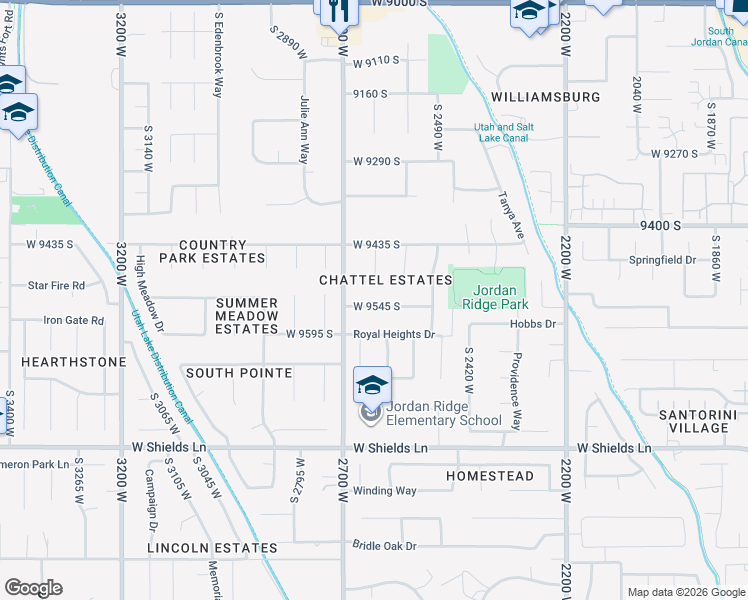 map of restaurants, bars, coffee shops, grocery stores, and more near 2632 West 9545 South in South Jordan
