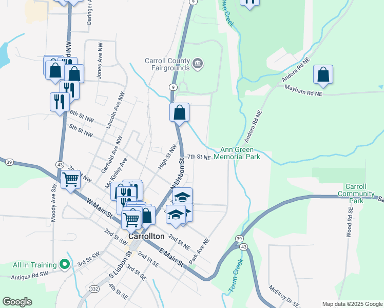 map of restaurants, bars, coffee shops, grocery stores, and more near 710 North Lisbon Street in Carrollton