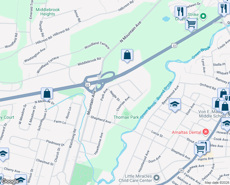 map of restaurants, bars, coffee shops, grocery stores, and more near 253 Nagle Street in Bound Brook