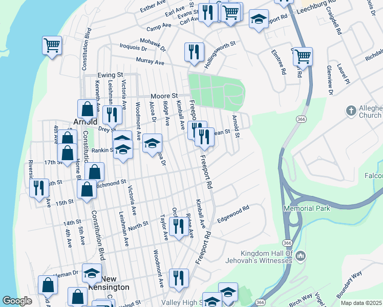 map of restaurants, bars, coffee shops, grocery stores, and more near 1720 Kimball Avenue in New Kensington