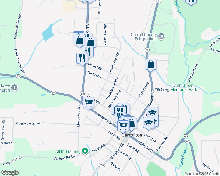 map of restaurants, bars, coffee shops, grocery stores, and more near 431 Garfield Ave NW in Carrollton