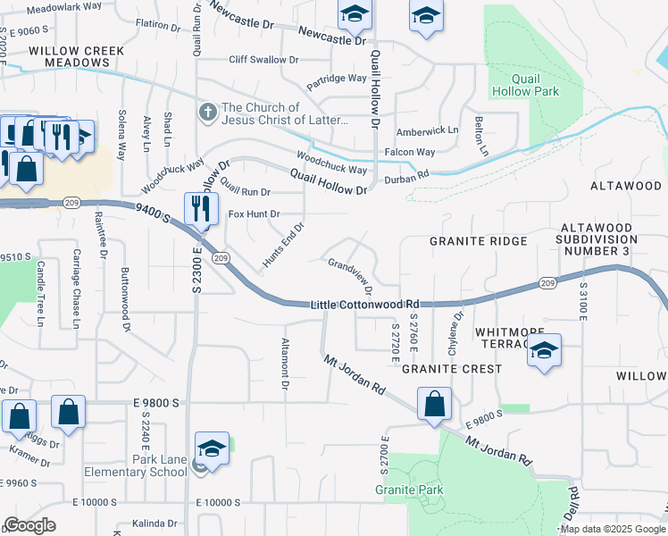 map of restaurants, bars, coffee shops, grocery stores, and more near 9522 Grandview Drive in Sandy
