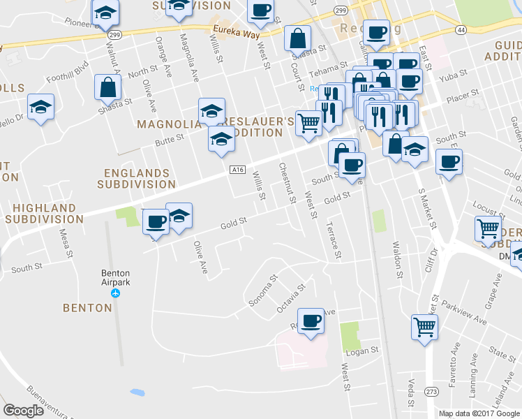 map of restaurants, bars, coffee shops, grocery stores, and more near 2120 Gold Street in Redding