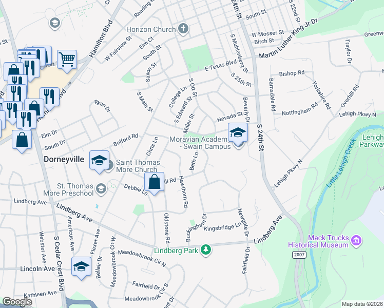 map of restaurants, bars, coffee shops, grocery stores, and more near 922 Beth Lane in Allentown