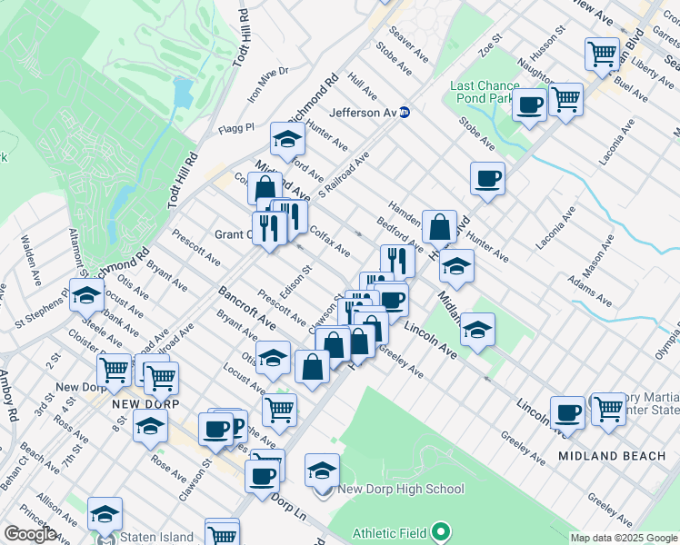 map of restaurants, bars, coffee shops, grocery stores, and more near 201 Lincoln Avenue in Staten Island