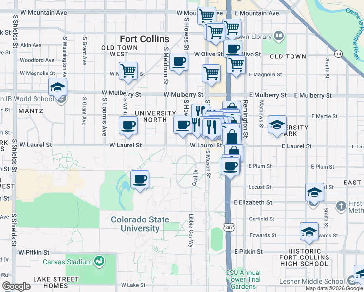 map of restaurants, bars, coffee shops, grocery stores, and more near 707 South Howes Street in Fort Collins