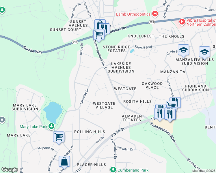 map of restaurants, bars, coffee shops, grocery stores, and more near 3691 Fairoaks Court in Redding
