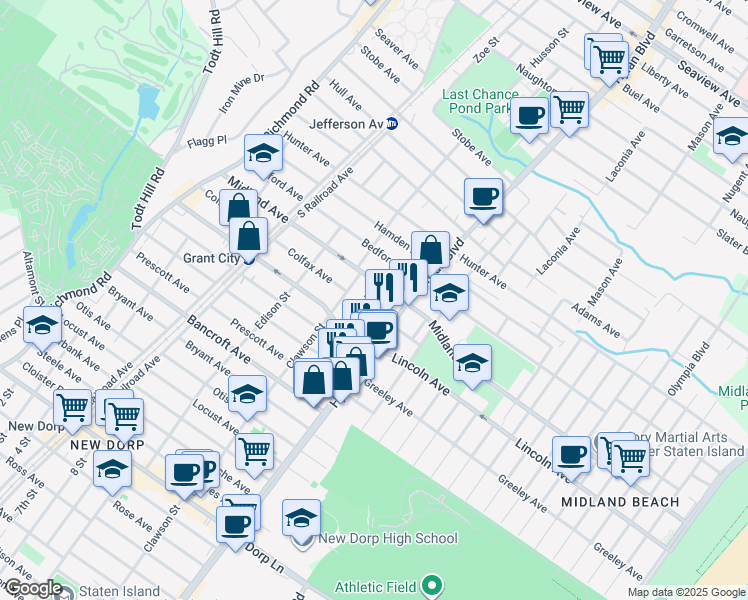 map of restaurants, bars, coffee shops, grocery stores, and more near 262 Midland Avenue in Staten Island