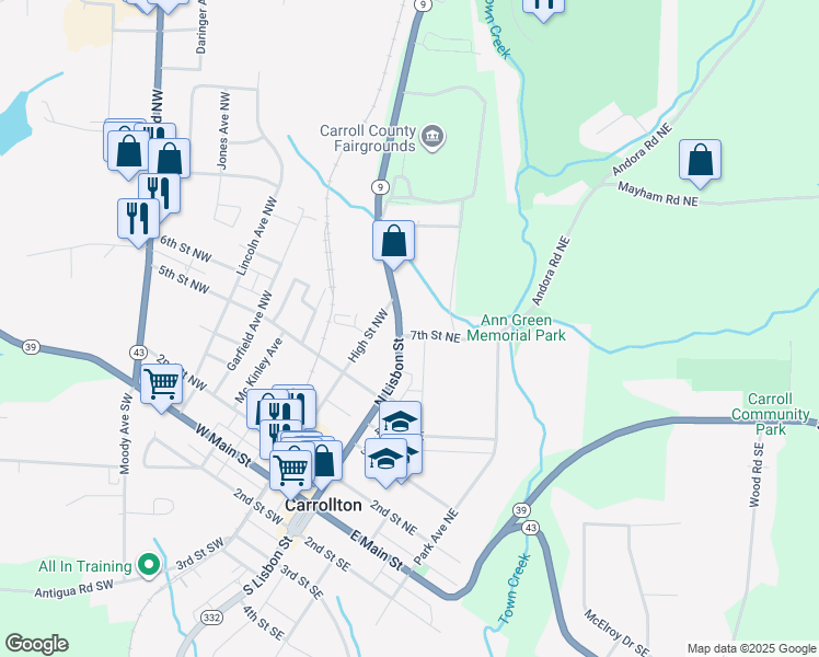 map of restaurants, bars, coffee shops, grocery stores, and more near 710 North Lisbon Street in Carrollton