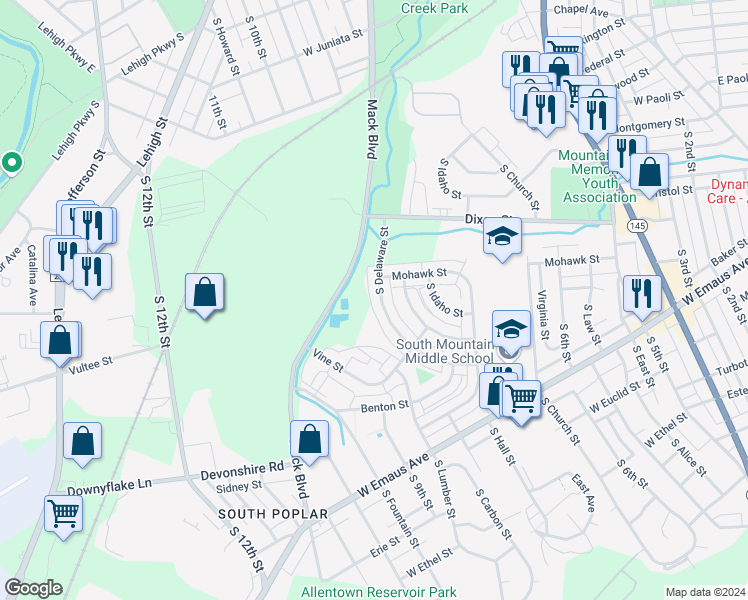 map of restaurants, bars, coffee shops, grocery stores, and more near 1926 South Delaware Street in Allentown