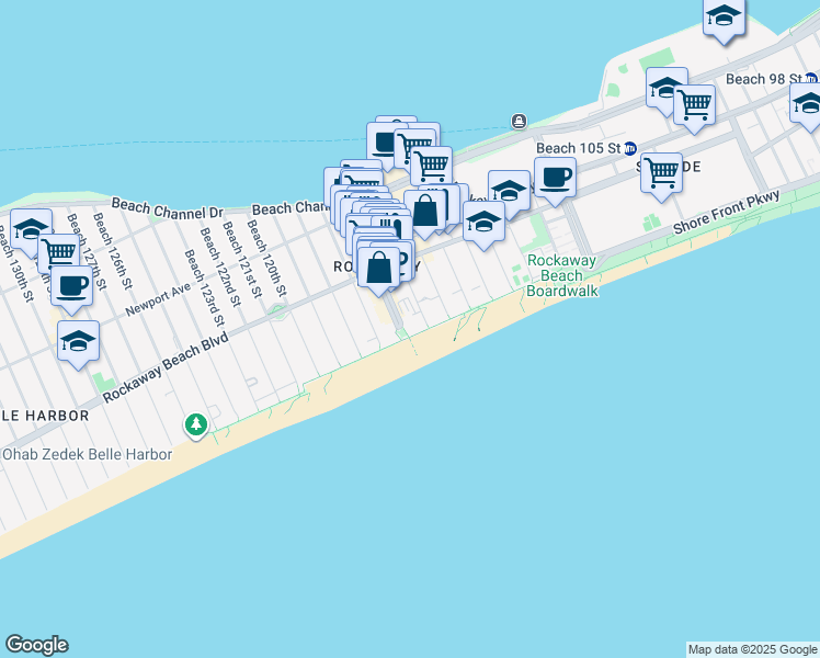map of restaurants, bars, coffee shops, grocery stores, and more near 124 Beach 116th Street in Queens
