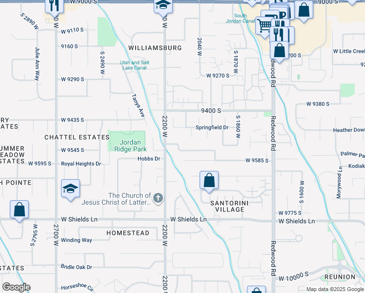 map of restaurants, bars, coffee shops, grocery stores, and more near 2154 Cannon Park Lane in South Jordan