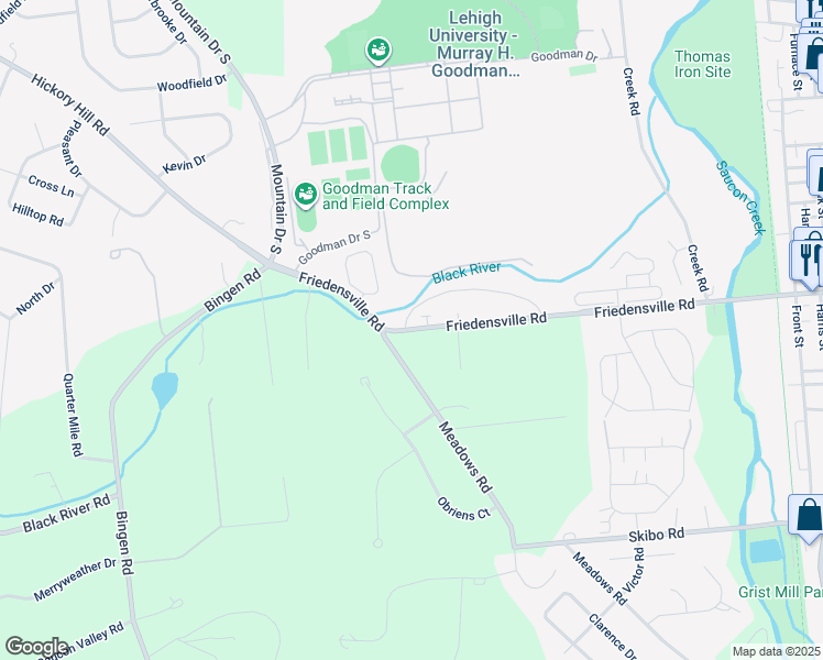 map of restaurants, bars, coffee shops, grocery stores, and more near 1105 Friedensville Road in Bethlehem