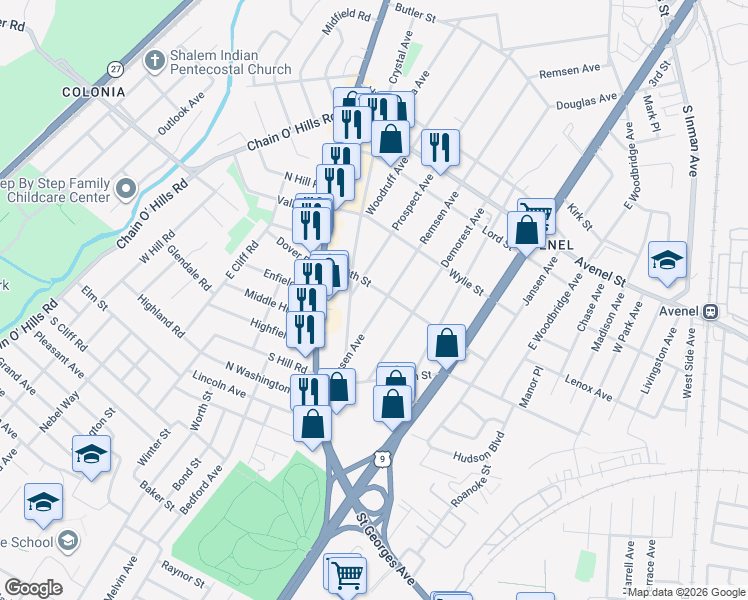 map of restaurants, bars, coffee shops, grocery stores, and more near 101 Remsen Avenue in Woodbridge Township