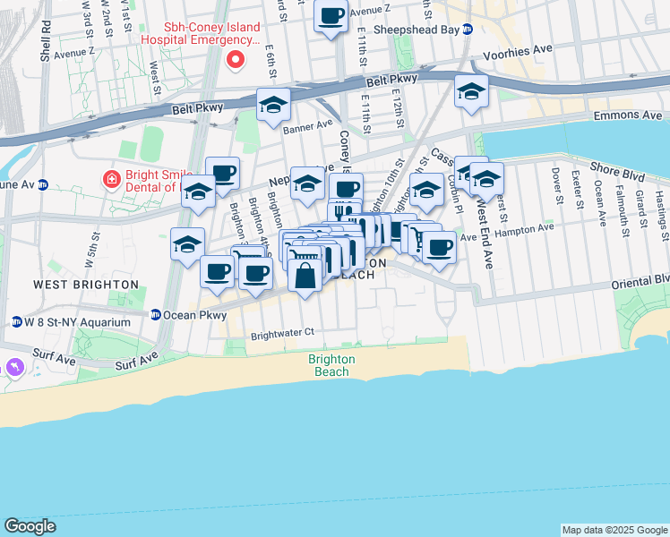 map of restaurants, bars, coffee shops, grocery stores, and more near 701 Brighton Beach Avenue in Brooklyn