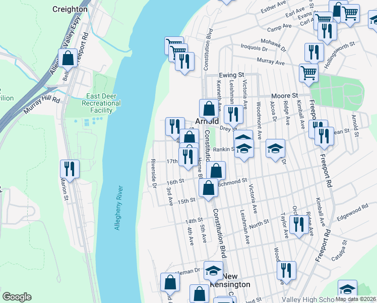 map of restaurants, bars, coffee shops, grocery stores, and more near 1709 5th Avenue in Arnold