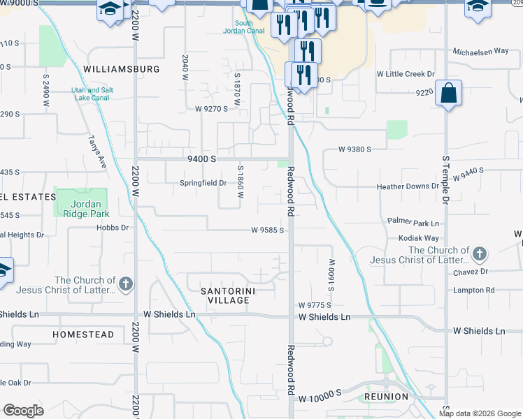 map of restaurants, bars, coffee shops, grocery stores, and more near 9526 Redwood Road in South Jordan