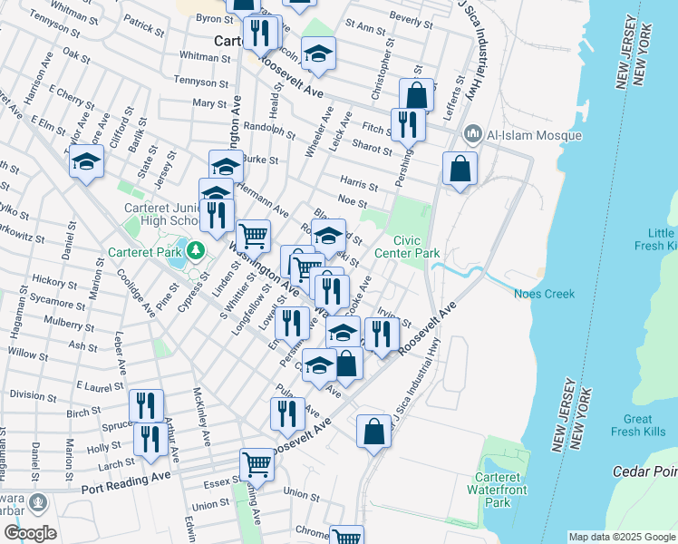 map of restaurants, bars, coffee shops, grocery stores, and more near 199 Pershing Avenue in Carteret