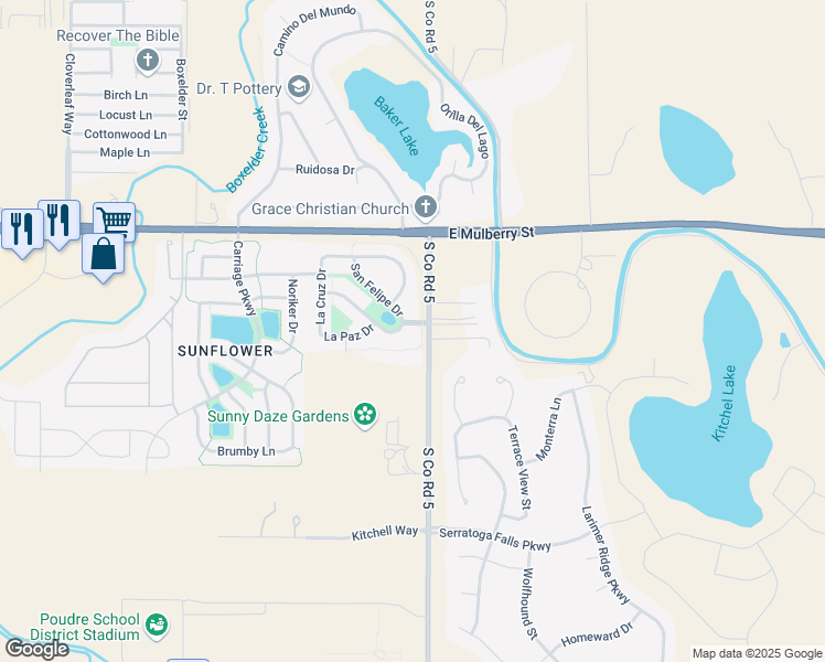 map of restaurants, bars, coffee shops, grocery stores, and more near 849 Vista Grande Circle in Fort Collins