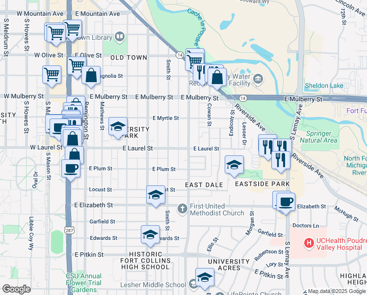 map of restaurants, bars, coffee shops, grocery stores, and more near 617 East Laurel Street in Fort Collins