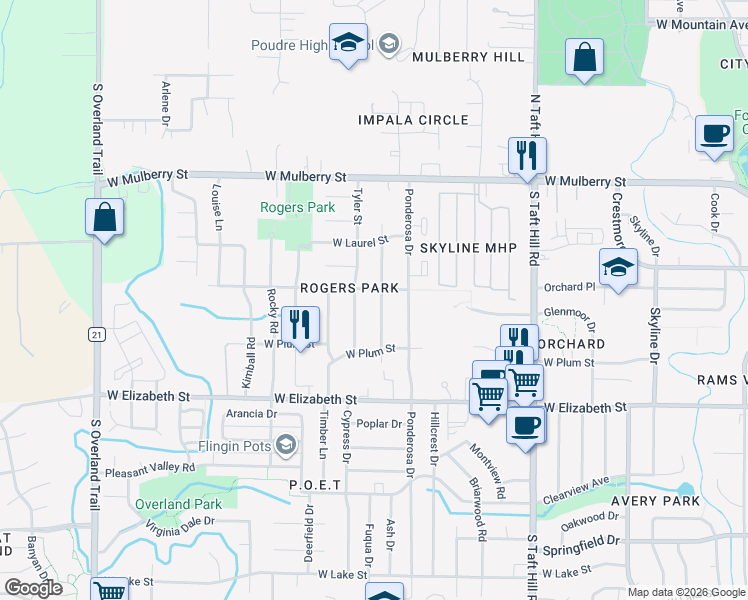map of restaurants, bars, coffee shops, grocery stores, and more near 804 Gallup Road in Fort Collins
