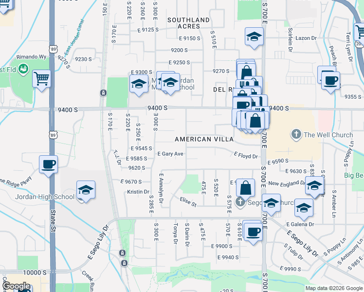 map of restaurants, bars, coffee shops, grocery stores, and more near 9542 David Street in Sandy