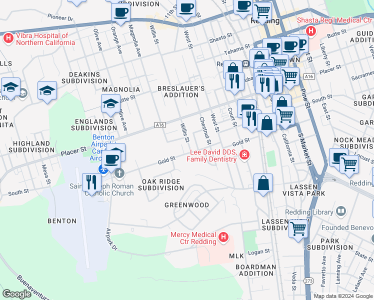 map of restaurants, bars, coffee shops, grocery stores, and more near 2120 Gold Street in Redding