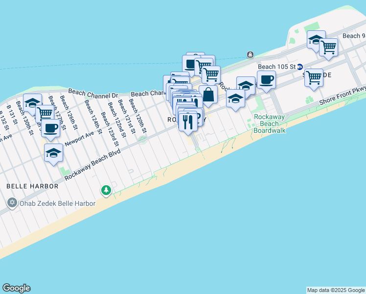 map of restaurants, bars, coffee shops, grocery stores, and more near 1-47 Beach 117th Street in Queens