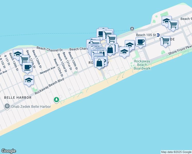 map of restaurants, bars, coffee shops, grocery stores, and more near 1-47 Beach 117th Street in Queens