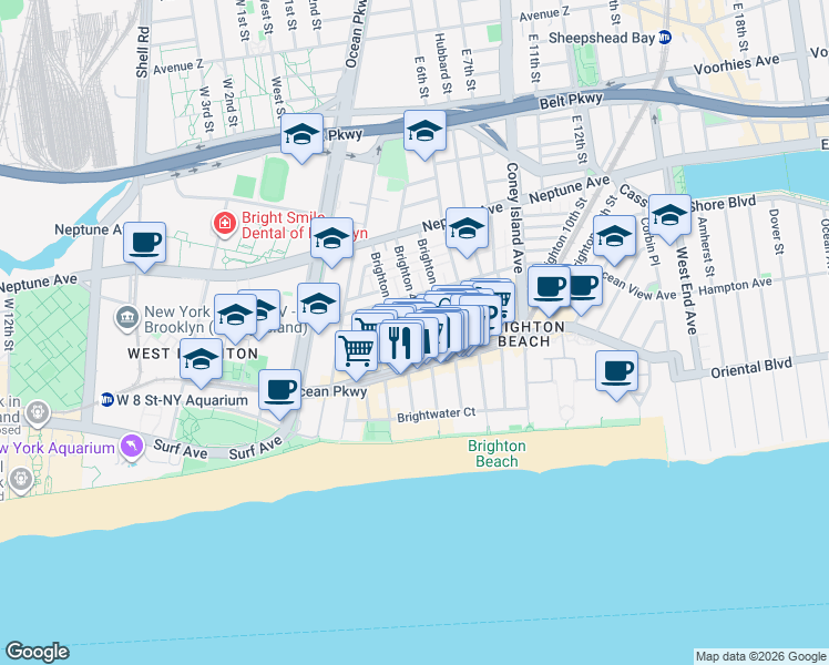 map of restaurants, bars, coffee shops, grocery stores, and more near 3053 Brighton 4th Street in Brooklyn