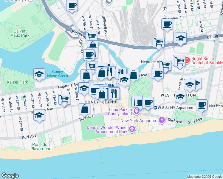 map of restaurants, bars, coffee shops, grocery stores, and more near 2907 Stillwell Avenue in Brooklyn
