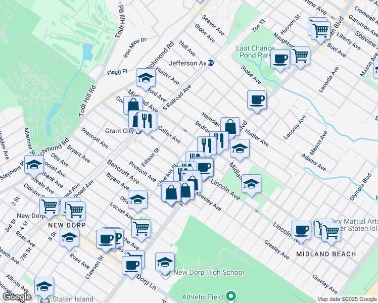 map of restaurants, bars, coffee shops, grocery stores, and more near 31 Grant Place in Staten Island