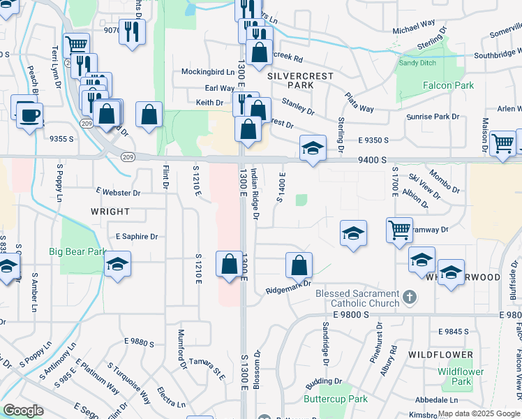map of restaurants, bars, coffee shops, grocery stores, and more near 9537 Indian Ridge Drive in Sandy