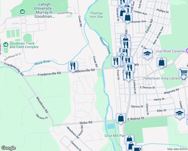map of restaurants, bars, coffee shops, grocery stores, and more near 1957 Chancellor Street in Hellertown