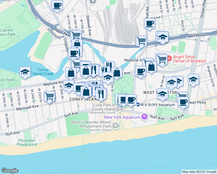 map of restaurants, bars, coffee shops, grocery stores, and more near 2840 West 12th Street in Brooklyn