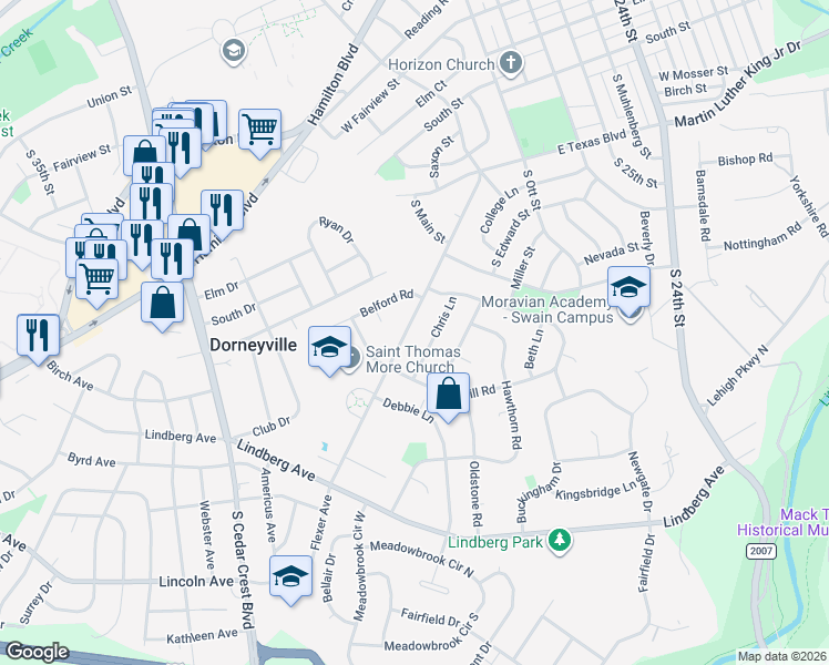 map of restaurants, bars, coffee shops, grocery stores, and more near 951 Flexer Avenue in Allentown