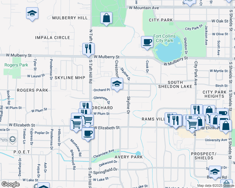map of restaurants, bars, coffee shops, grocery stores, and more near 1905 Orchard Place in Fort Collins