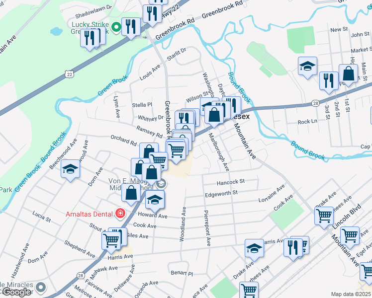 map of restaurants, bars, coffee shops, grocery stores, and more near 738 Union Avenue in Middlesex